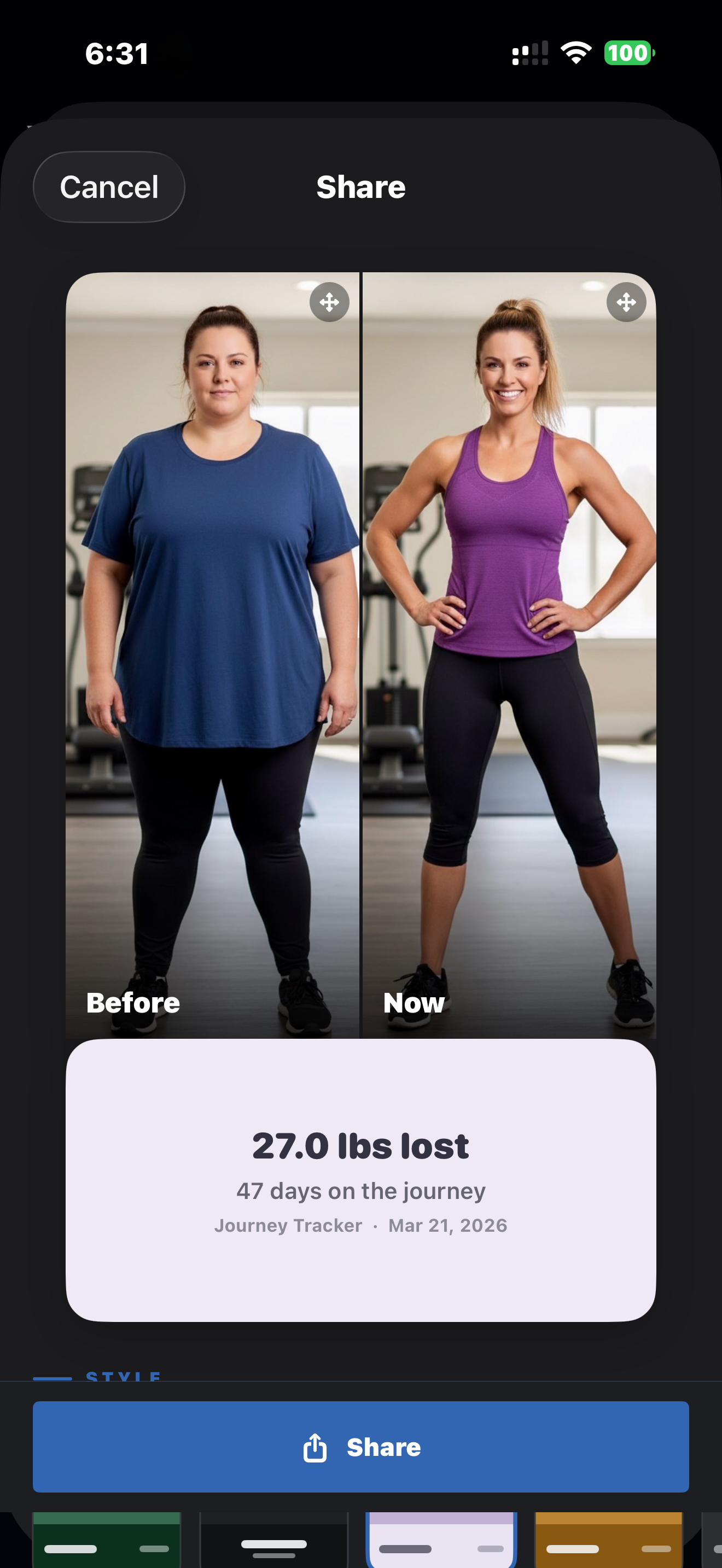 Progress share screen showing before and after photos with 27.8 lbs lost in 46 days