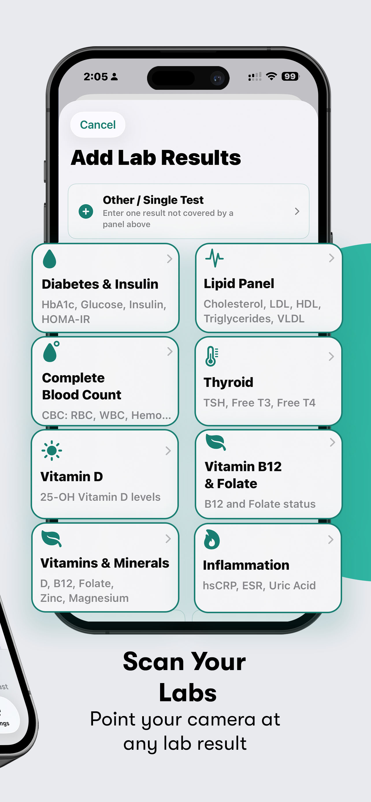 Add Lab Result screen showing entry fields for HbA1c, Blood Glucose, and lipid panel values