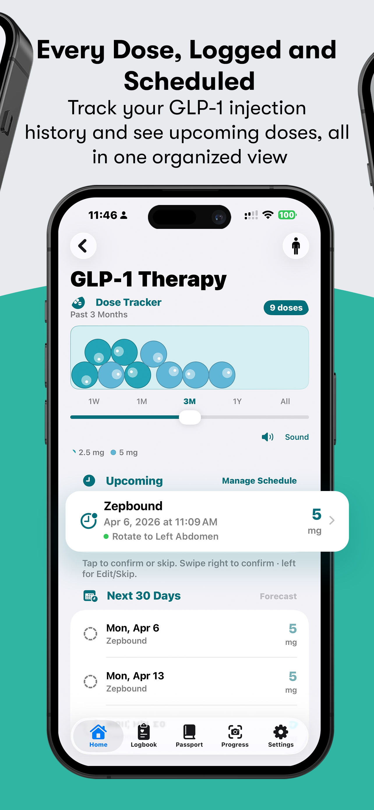 Dose Tracker screen showing Zepbound 5mg schedule, injection log, and 30-day forecast with bubble visualization