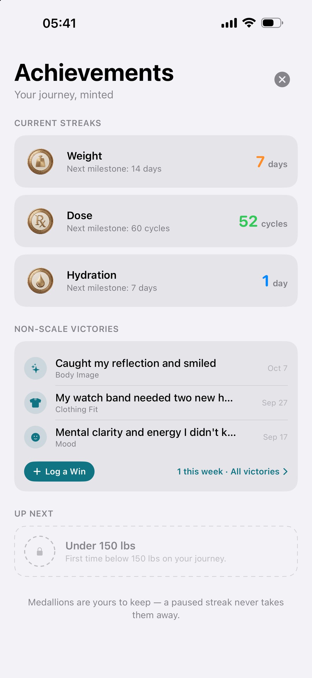 Achievements: medallion streaks for weight, doses, and hydration