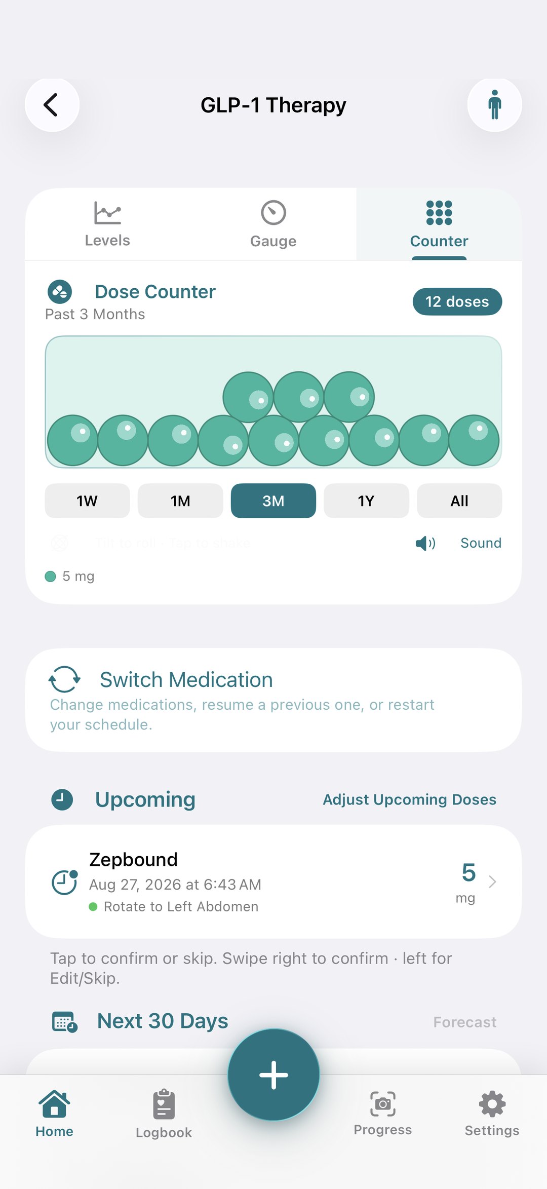 Dose counter: three months of logged doses at a glance