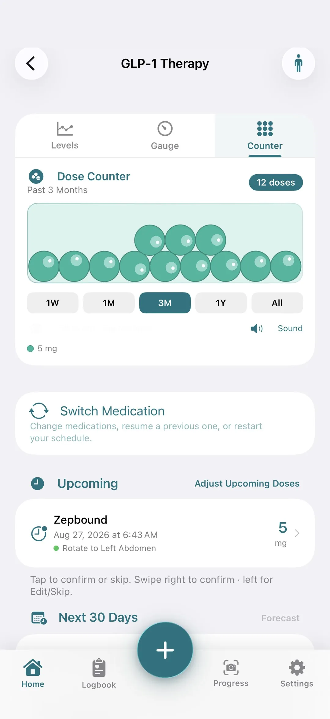 Dose counter showing three months of logged doses at a glance