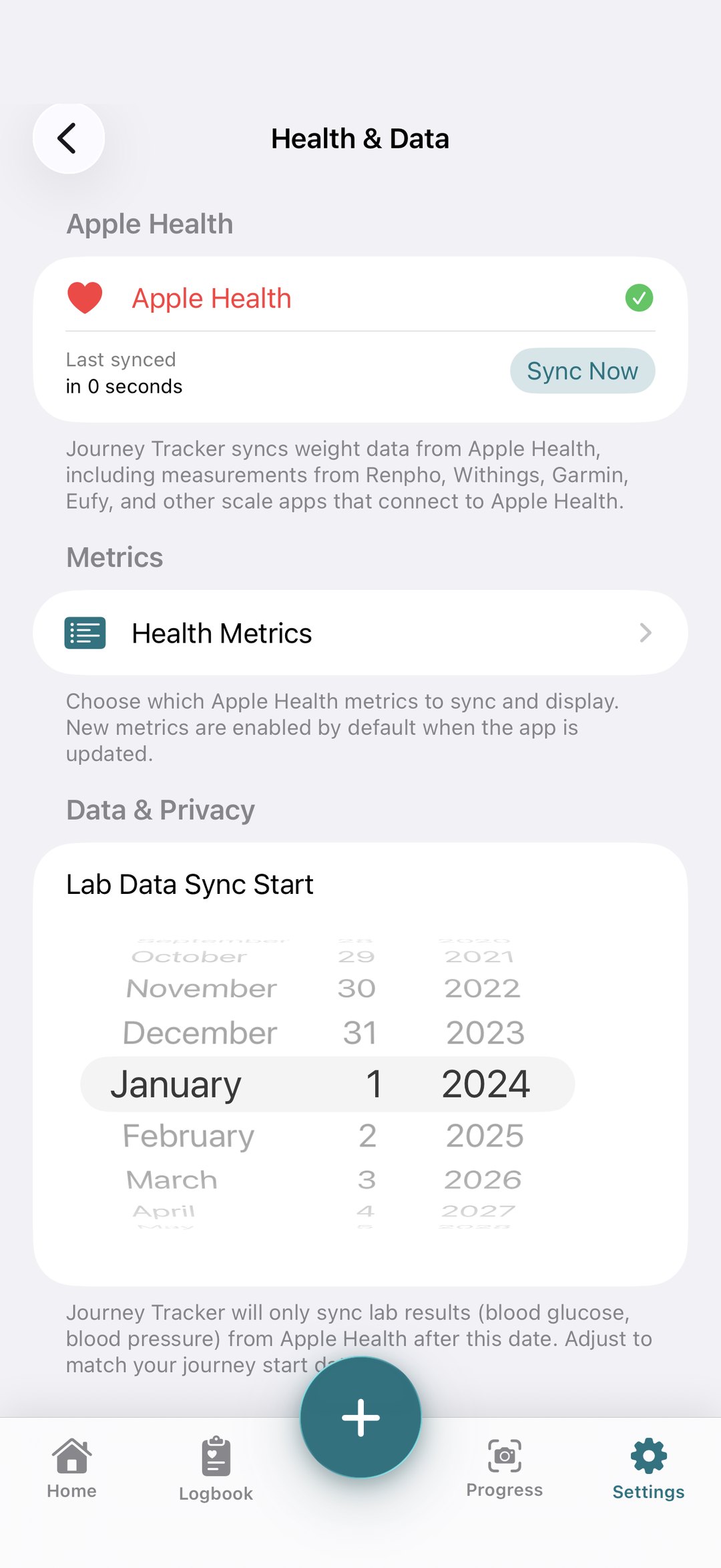 Health & Data settings: Apple Health sync and lab record controls