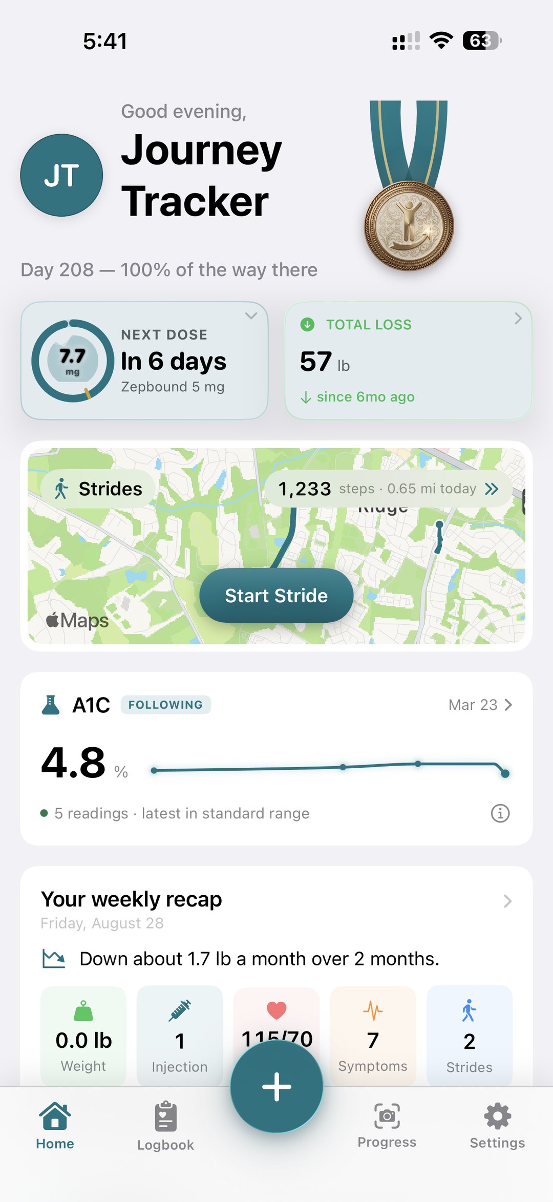 Journey Tracker home screen: next dose countdown, total loss, Strides walking map, followed A1C marker, and weekly recap