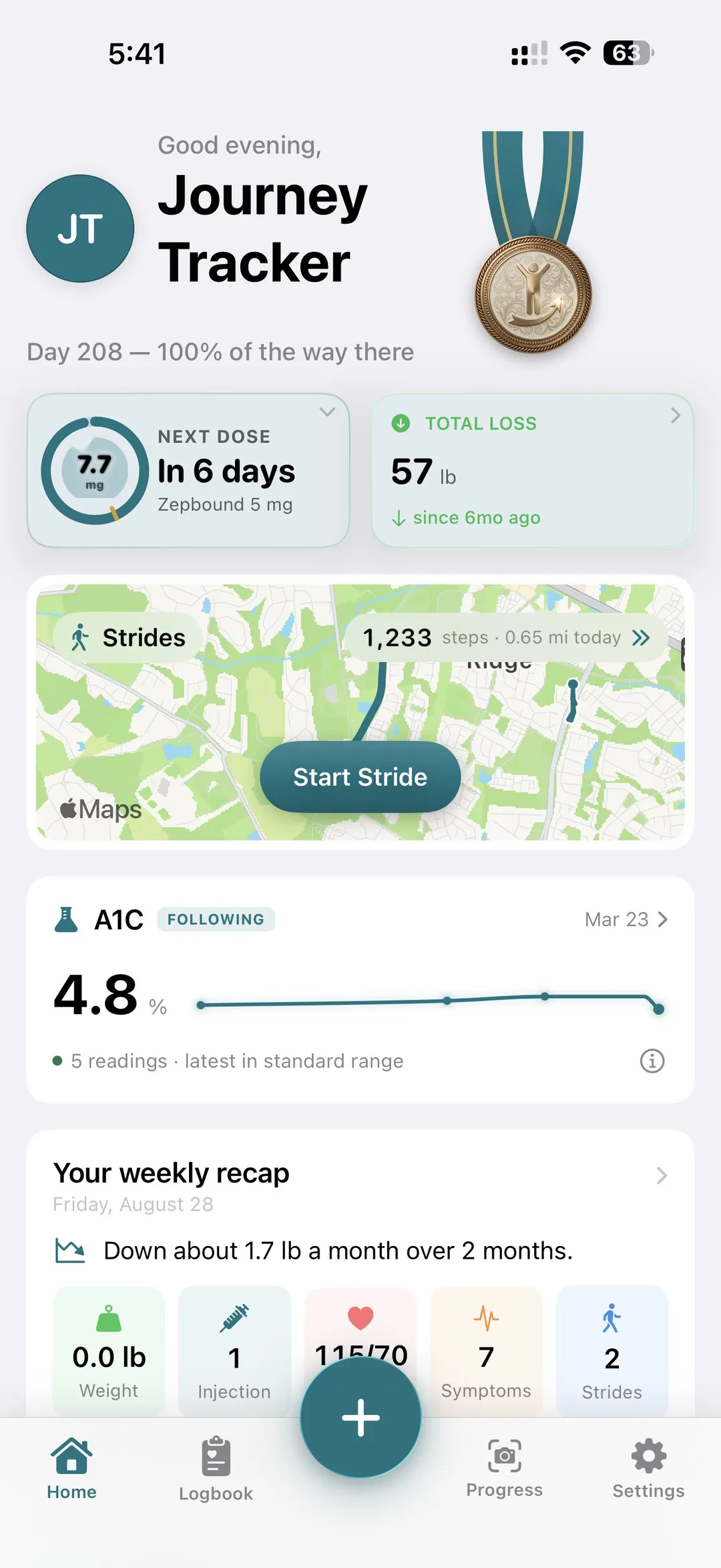 Home dashboard with next dose countdown, total loss, Strides map, and weekly recap