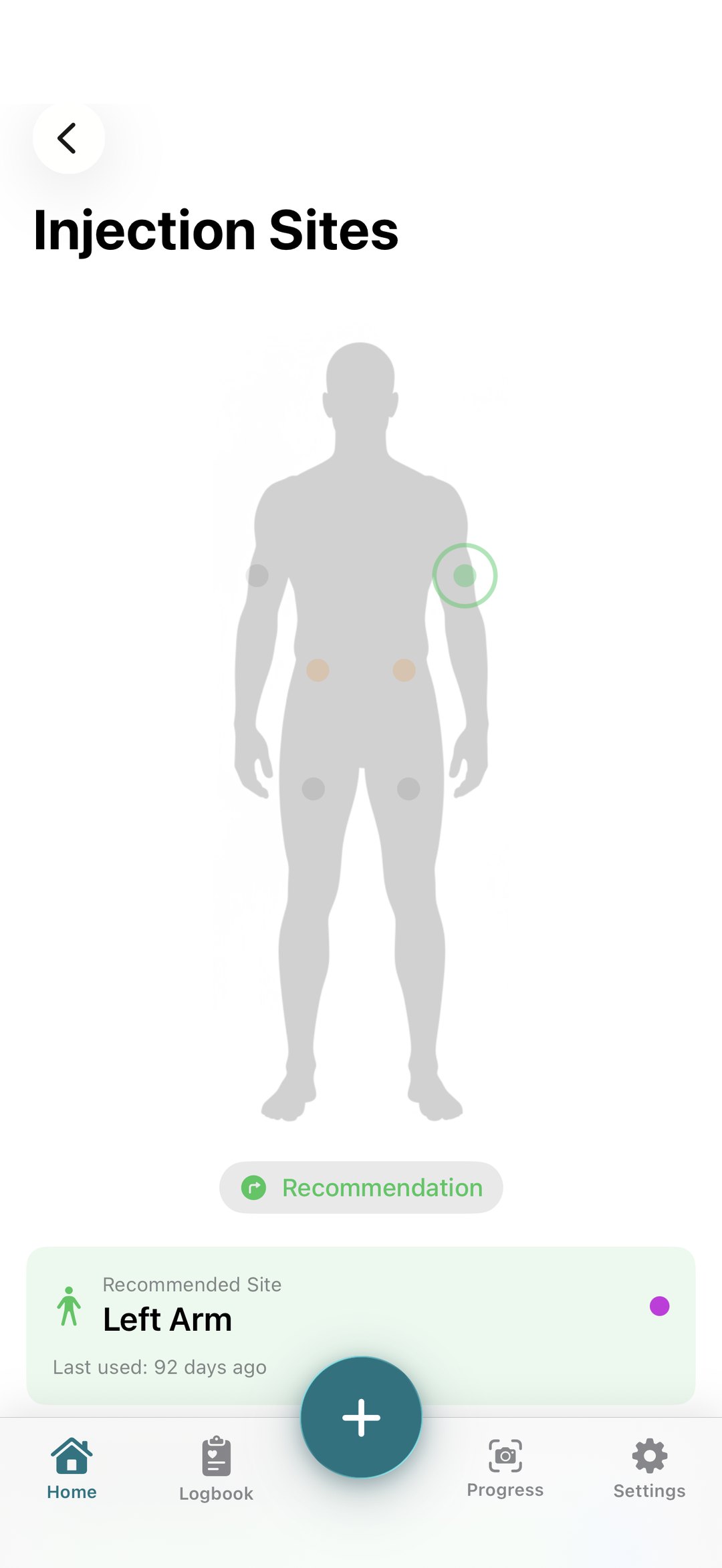 Injection site rotation on a body map, with the next recommended site