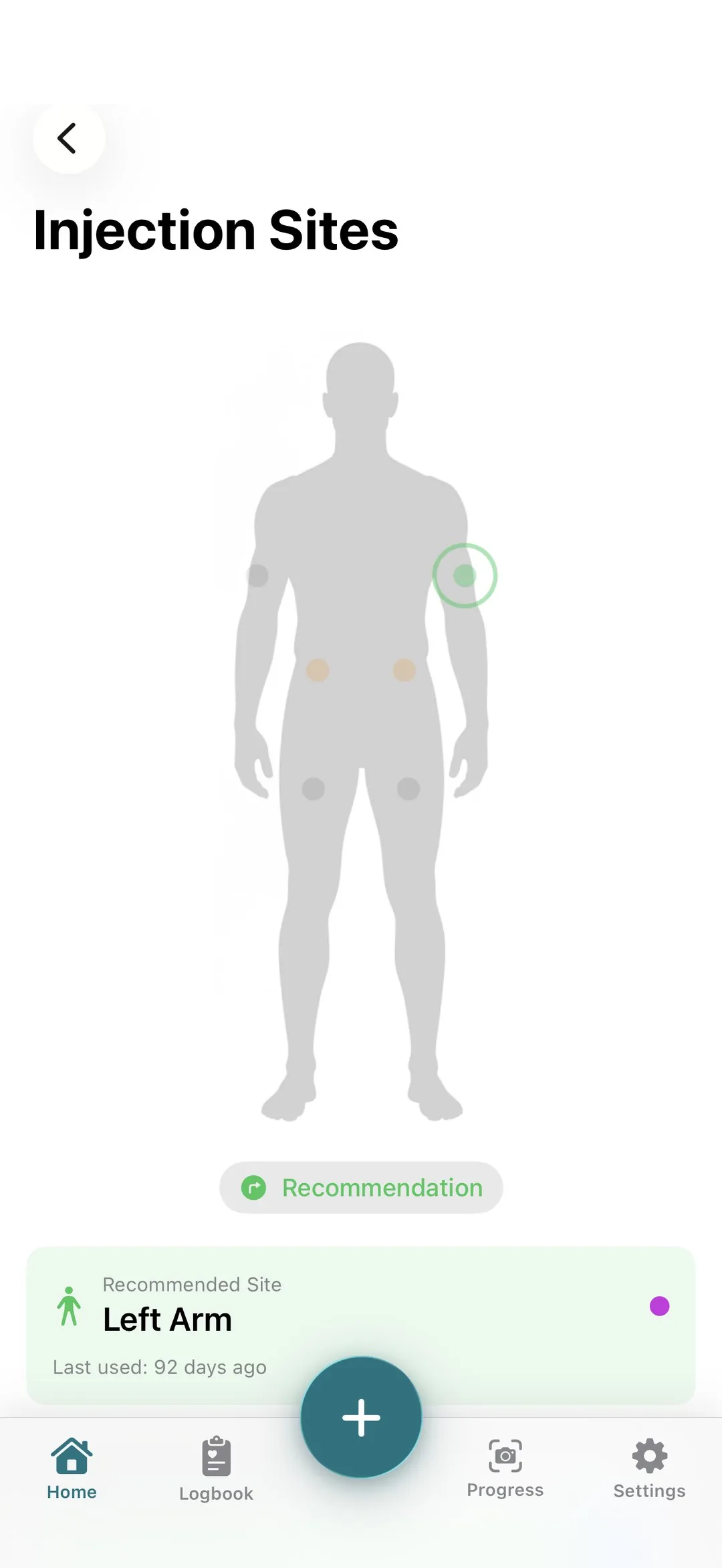 Injection site rotation body map with the next recommended site