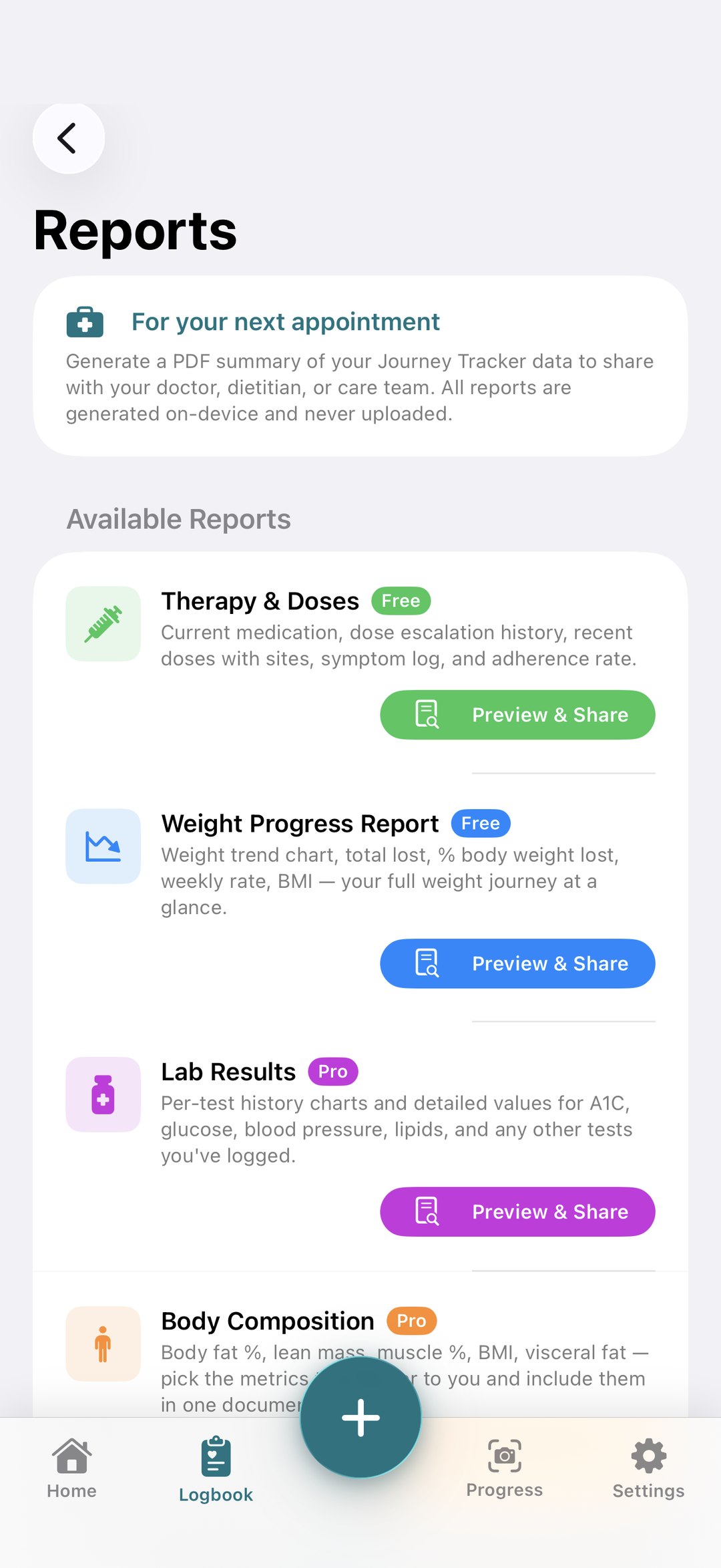Reports: therapy, weight, labs, and body composition PDFs for your appointment