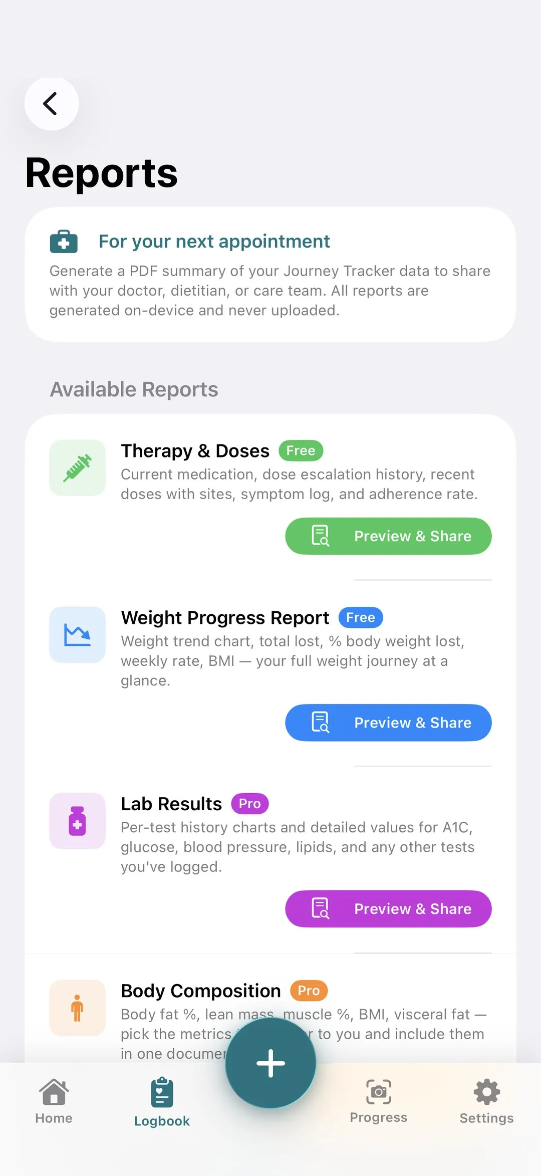 Reports screen with therapy, weight, labs, and body composition PDFs