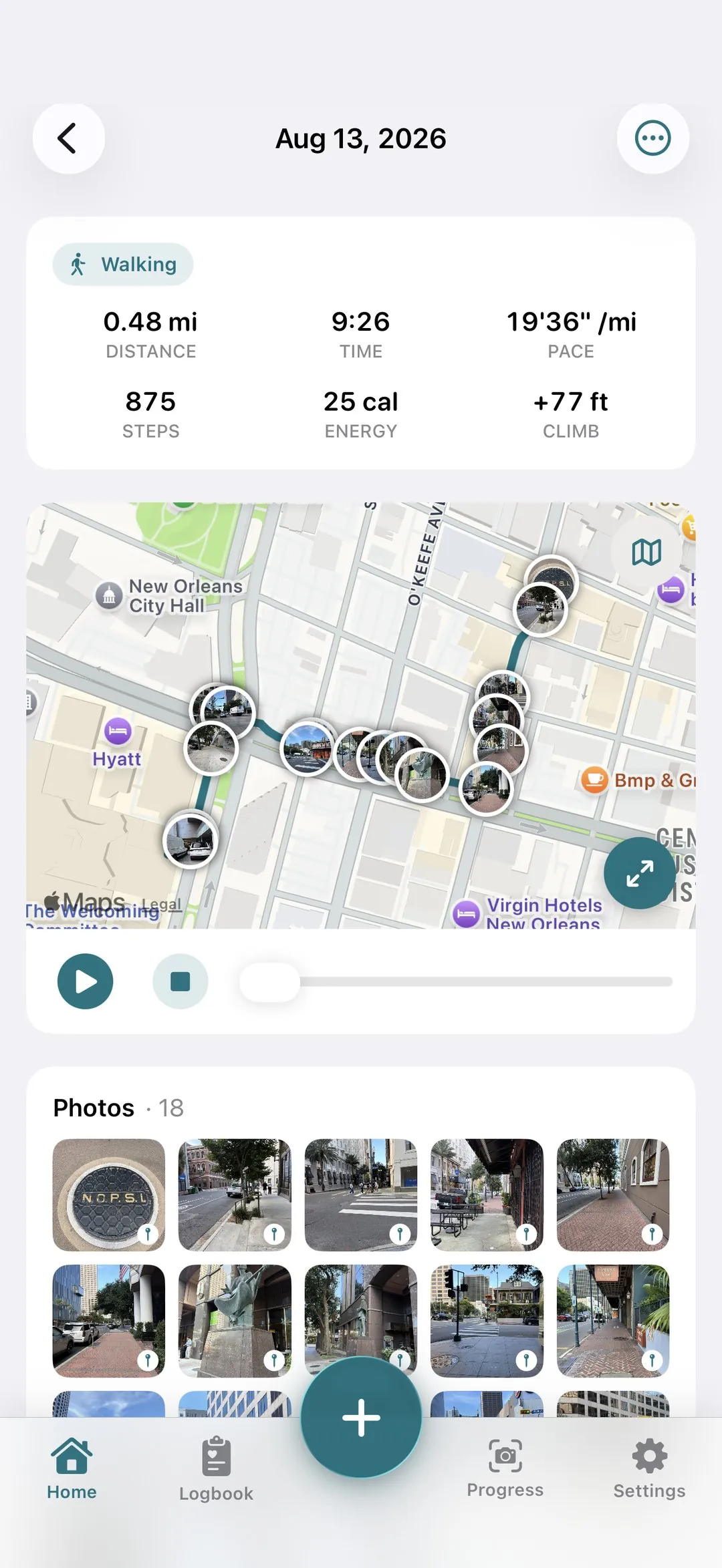 A Stride: mapped walk with route, stats, and photos